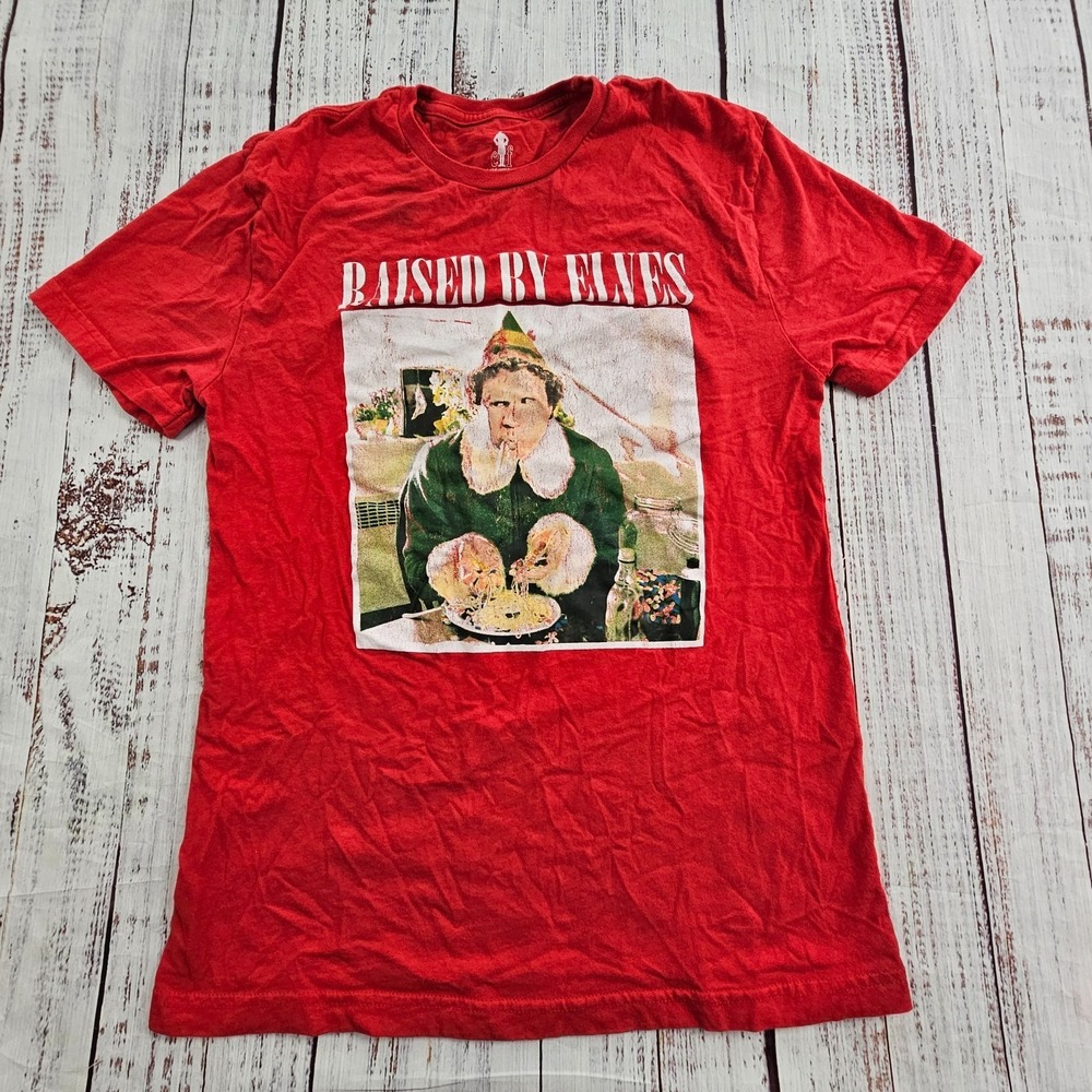 Raised by Elves Elf Christmas Movie Red Short Sleeve Cotton T-Shirt Men's M